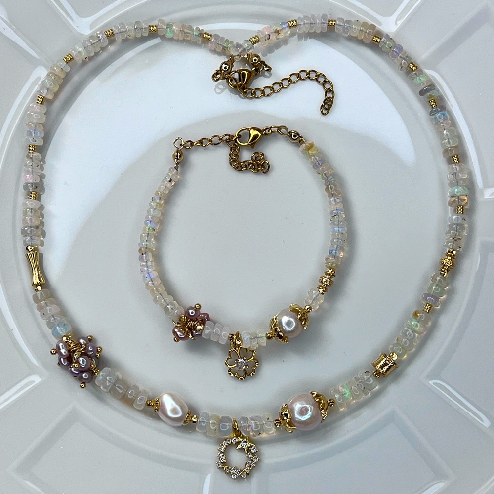 🤩 Handmade Freshwater Pearl Genuine Fire 🔥 Ethiopian Opal Necklace Bracelet Set